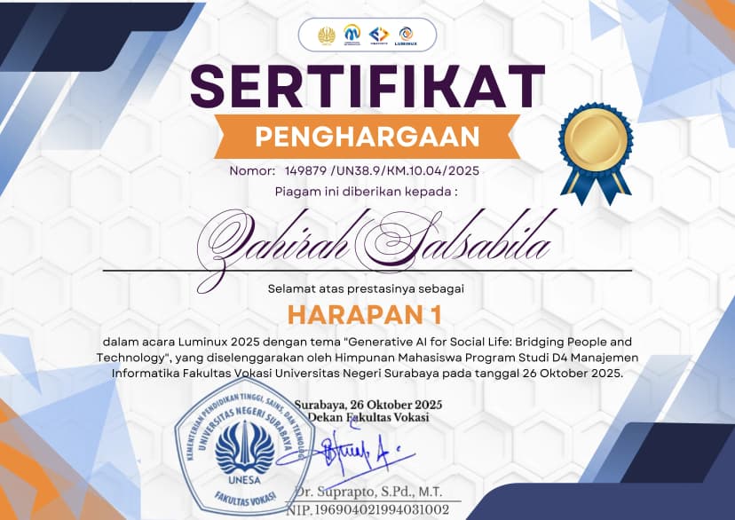 Certificate of Achievement – 1st Honorable Mention UI/UX Luminux 2025